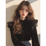 French Hepburn Black Velvet Top Women 2025 Early Autumn New Unique Super-Looking Shirt Temperament Elegant