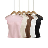 Temperament Sexy Mesh Splicing Round Neck Short-Sleeved T-Shirt Girl Summer Hottie Waist Slimming On The Bottom