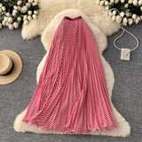 Striped Half-Dress Women 2026 New Tight Waist Hanging Long Skirt Wave Hem Swing 100 Folds Skirt