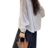 Lantern Sleeve Vertical Striped Casual Shirt Women 2025 New Women's Design Feeling Top Tide