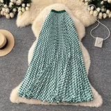 Printed Wave Folding Skirt High Waist Thin Temperament Long Dress Commuter Lattice Half Skirt A-Dress Skirt