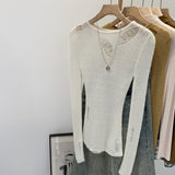 Commuting Pure Babes Hollow Wool Irregular Long-Sleeved Female Commuting Spring And Autumn New Thin Lazy Top