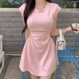 Early Autumn New Temperament Round Neck Folding Body Folds Casual Solid Slime Short-Sleeved High-Waisted Dress