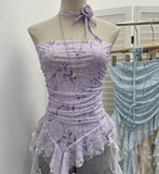 Real Shot With Hanging Neck Flower Braid Vest Dye Mesh Irregular Lace Ribbon Sleeveless Top 1596