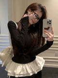 Ballet Lace Splicing Bumpy Long-Sleeved T-Shirt Girl Autumn Hottie Thin Shoulder Bottom Shirt Inside Ins Top