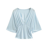 Bat Long-Sleeved Deep V-Neck T-Baender 2026 Summer New Hot Girl Windy Loose Waist Wrinkled Folding Top