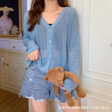 Fashion Long-Sleeved V-Neck Thin Hollow Sun Protection Coat Women Autumn New Knitted Top Air-Conditioning Cardigan Women