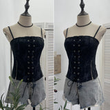 Punk Dizzling Print With Chest Pads With Rope Tie Slings Zipper Open Fork Short Top 6230