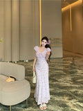 Design Sense V-Necked Flower Short-Sleeved Dress Women's Summer Niche Slim Waist Long Dress Gentle Style Dress