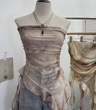 Tie Dyed Lotus Leaf Edge Mesh Shaft Irregular Ribbon Thin Belt Wrapped Bra Vest Top 9956