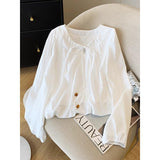 Design Beads With Flower Rib White Shirt Women 2025 Autumn New French Gentle Style Temperament Long-Sleeved Top