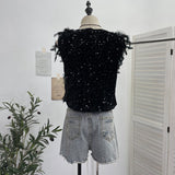 Real Shooting Design Heavy Industry Feather Flash Shiny Splicing Velvet Vest Vest Short Top 9089