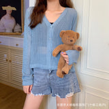 Fashion Long-Sleeved V-Neck Thin Hollow Sun Protection Coat Women Autumn New Knitted Top Air-Conditioning Cardigan Women
