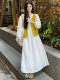 Korean Dopamine Wearing Holiday Style Dress Long Sleeve White Shirt Skirt Folded Knitted Vest Two Sets Of Women