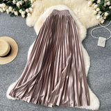 Tightening The Pearl Light Hundred Folded Half-Dressed Dress Woman 2025 Early Spring Glossy Color Color Hanging High Waist Thin Word Long Dress