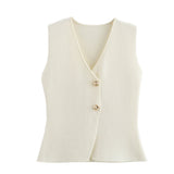 Summer New Gold Button Knitted Vest Small Folding Splicing Skirt Set