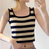 Summer New Korean Version Of Sweet Square Collared Striped Sleeveless Slim Short Vest Top