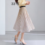 2025 New High-Rise Half-Dress Woman Tight Waist Ink Print Design Sense A-Character Skirt In The Long Folded Skirt