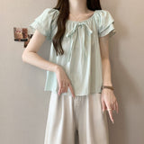 Butterfly Tie With Loose Shoulder Short-Sleeved Shirt For Women's Summer French Mint Green Shirt With Lean Top