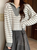 Autumn And Winter Languid Soft-Crelenting Short-Sleeved Knitted Shirt Half-Zip Striped Collar Sweater