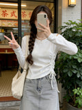 Autumn Long-Sleeved T-Shirt Women Thin Bottom Shirt Drawstrings With Bottom Shirt Slim Slim Thin Short Top