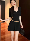 V Collar Half-Sleeved Knitted Dress Woman 2026 Summer Babes Slimmed Short Skirts Thin Waist A-Word Dress