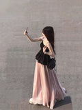 Summerwear Set With A Set Of Black Sling Vest Top Pink A Half-Body Dress Two-Piece