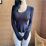Large Round Collar Tightness Showing Thin Long Sleeve Bottom Shirt Showing Large Body Round Under The Fork Blouse Elastic Spring And Autumn