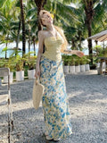 Yunnan Island Holiday Set Female Dopamine Yellow Hanging Neck Blouse High Waist Broken Flower Skirt Two Sets