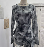 Vintage Print Double-Layer Mesh Long-Sleeved Top Design Feel Irregular Ribbon-Up T-Shirt 99981