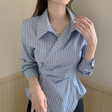 2025 New Fashion Design Irregular Waist Long Sleeves Thin Leisure With Short Striped Shirt Top