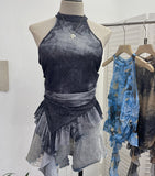 Trend Irregular Hanging Neck Dyeing Net Yarn Vest Lotus Side Ribbon Short Sleeveless Top 9969