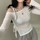 Spring New Out-Shoulder Tie Bow Design Blouse Oblique Shoulder Collar Drawstring T-Shirt Long Sleeve Fork Sweet