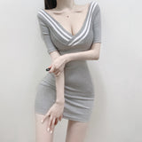 Temperament Tight V-Neck Collar Cuffed Ass Short Skirt Summer New Korean Version Of High-Waisted Body Dress Ins