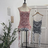 Rally Lattice Mesh Sling Sling Vest Hanging Neck Splicing Lace Irregular Lotus Leaf Edge Ribbon Sleeveless Top 6511