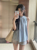 Sweet Babes Hanging Neck Sling Small Vest Women Wearing French High-End Feel Beautiful Shirt Blue Sleeveless Top