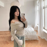 Autumn And Winter New Temperament Collar Open Shoulder Collar Soging Two Pure Lust Long-Sleeved T-Shirt Girl Ins