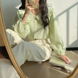 Spring 2025 New Doll Collar Top Fresh Sweet Loose Version Of The Top Design Feel Solid Color Long-Sleeved Shirt Woman