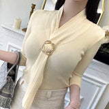 Belt Ribbon Design Seven-Sleeve Top To Slim Thin Knitted Women's Metal Buckle Summer New Short-Sleeved South Korea