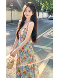 French Oil Painting Slings With A Tie Dress 2026 New Summer Seaside Holiday Wear Sweet Thinch Waist Dress