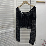 Real Shoot Hollow Perspective Lace Jersey Hot Girl Sexy Bump Color Mesh With Chest Cushion Long Sleeves Short Shoulder Top 9652