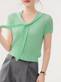 Grey Ribbon Strap Ice Silk Short-Sleeved Knitted Shirt Summer 2025 New Body-Cuff Hollow Shirt Solid Color Top