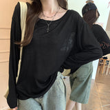 Korean Micro-Permeable Pure Desire To Lazy And Relaxed Feeling Thin Bottom Shirt Long-Sleeved T-Shirt Girl Spring Thin Air Conditioning Hood