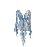 New French Retro Tie-Dye V-Neck Knotted With Long-Sleeved Shirt With Lotus Leaf Strap
