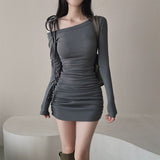 South Korea Autumn And Winter New Temperament Slanted Shoulder Thin Tie With Waist Folding Bag Hip Skirt Bottom High-Waisted Dress