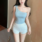 Hot Diamond Slanted Shoulder Sling Vest Woman 2025 Summer Thai Hottie Shoulder Blouse Unique Beauty