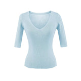 Pure Lust Wind Sexy V-Neck Slim Thin Five-Sleeved Knitted Shirt Girls Summer Solid Color Repair Inside The Bottom Top