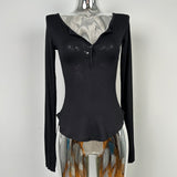 V-Neck Long Sleeve Half-Open Collar U-Shaped Hem To Close Waist Tight Thin Top Lady South Korea's New Sexy Thin Model Micro-Permeable Spring
