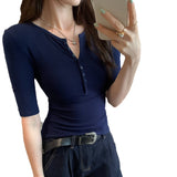Unique Beautiful Half-Buckle Shoulder Sleeve T-Shirt 2025 New Slim Slim Five-Sleeve Top