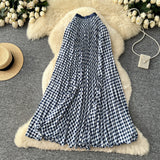 Printed Wave Folding Skirt High Waist Thin Temperament Long Dress Commuter Lattice Half Skirt A-Dress Skirt